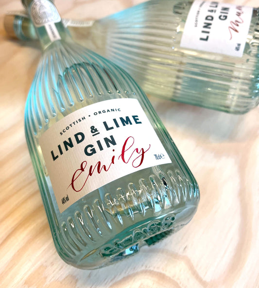 Personalised label with a name on Lind and Lime Gin bottle
