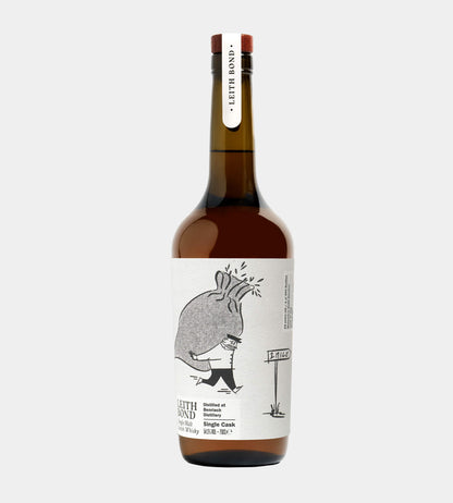A bottle of Benriach 12yo Leith Bond Single Cask Whisky. The calvados-shaped bottle is made of dark amber glass and features a light grey label with a black hand-drawn illustration of a man carrying a sack of grain.