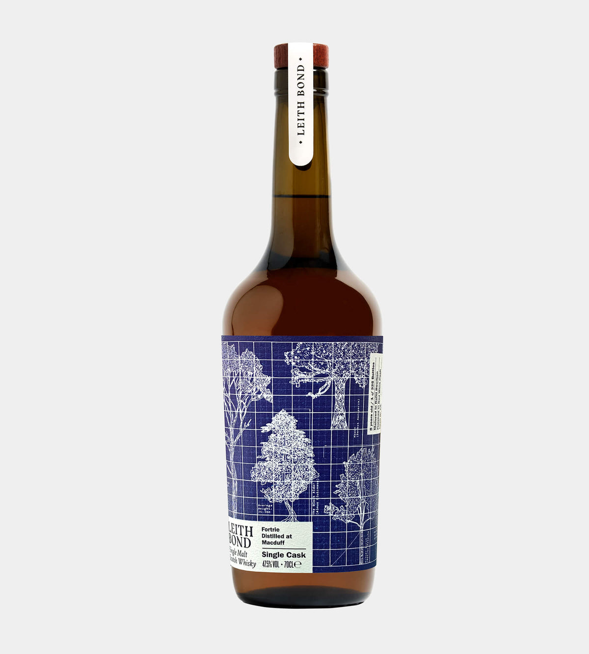 A bottle of Leith Bond single cask whisky against a light gray background. The bottle is made of dark amber glass, featuring a dark blue label with white tree line drawings on a grid pattern, and a white neck label.