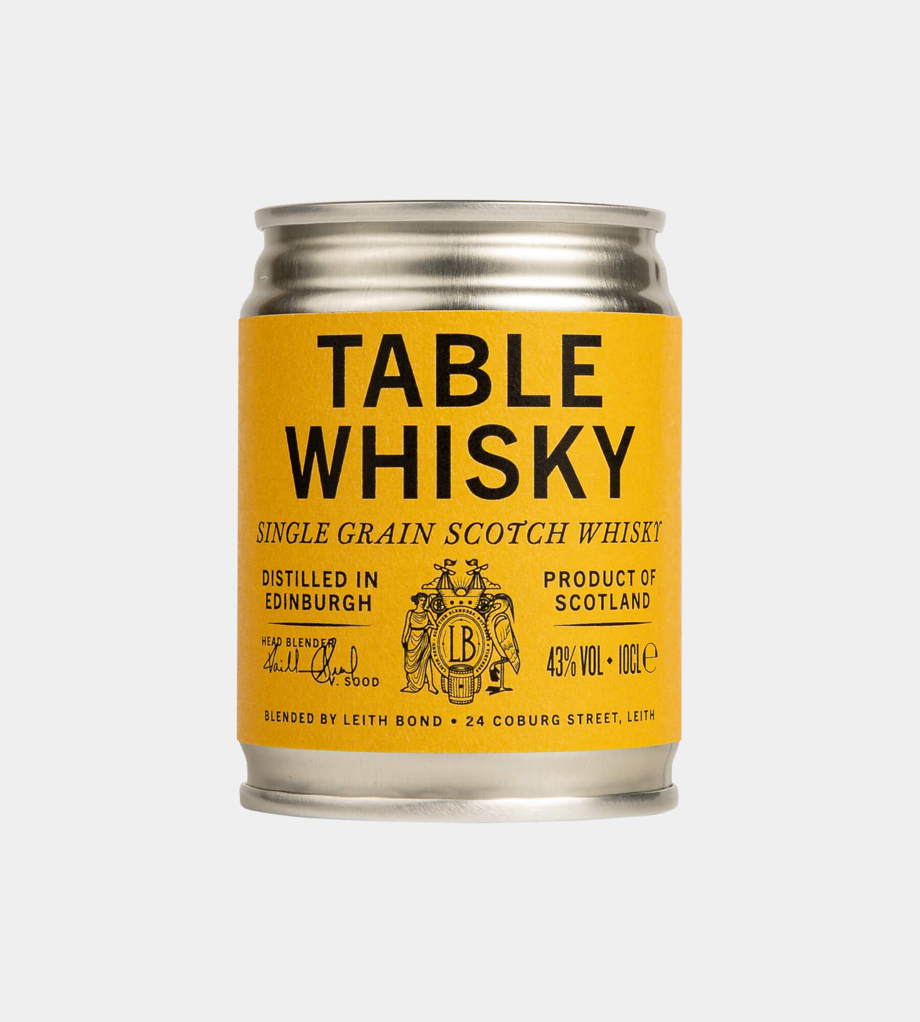 A single silver whisky can with a bright yellow label reading 'TABLE WHISKY' in large black letters, shown on a light gray background.