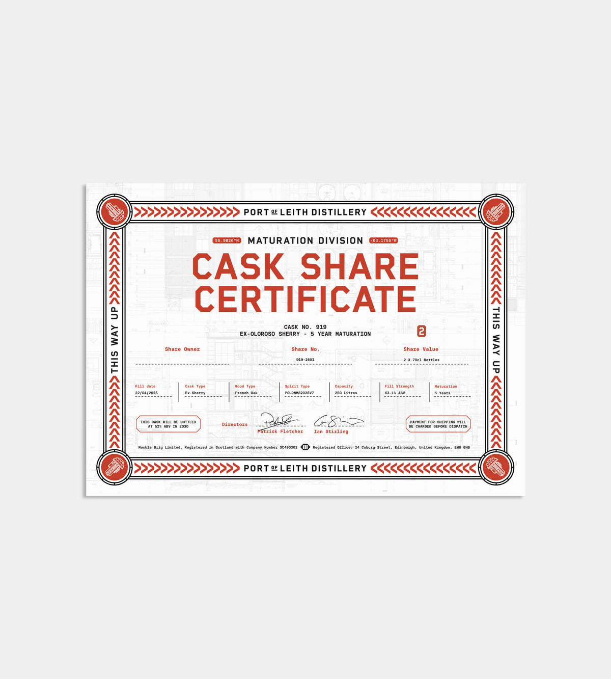 2-Bottle Cask Share Certificate, Ex-Oloroso Sherry 5 Year Maturation