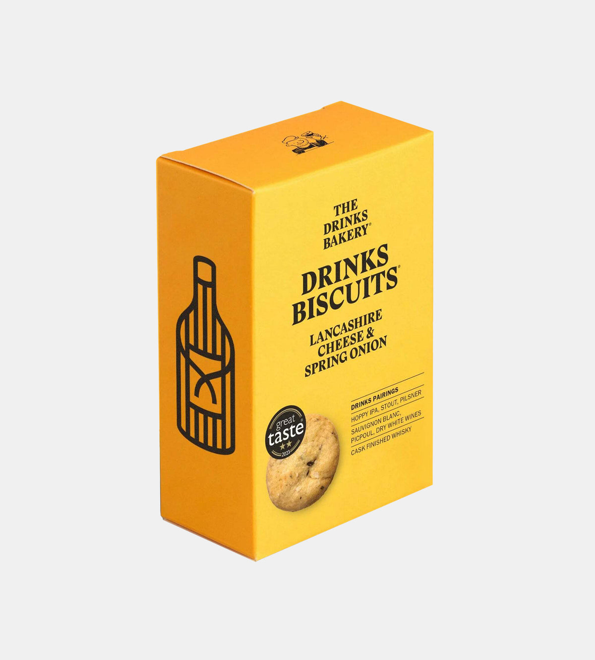 a yellow box of lancashire cheese and spring onion biscuits standing against a pale grey background