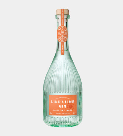 A clear ribbed glass bottle of Lind & Lime Gin with a light green tint, featuring a coral orange label and a matching neck seal, set against a solid light gray background.